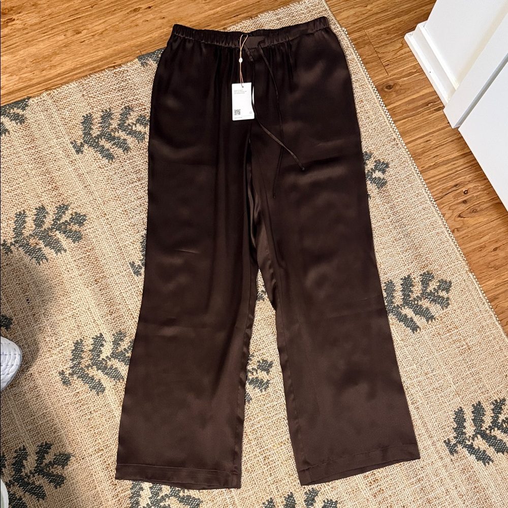 Quince 100% Washable Silk Drawstring Wide Leg Pants Hot Fudge